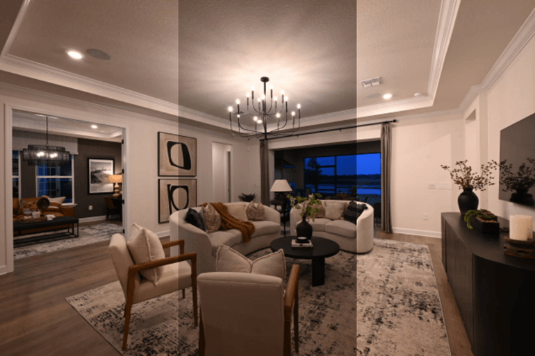 Real estate HDR blending comparison showing bracketed exposures versus a final edited living room.