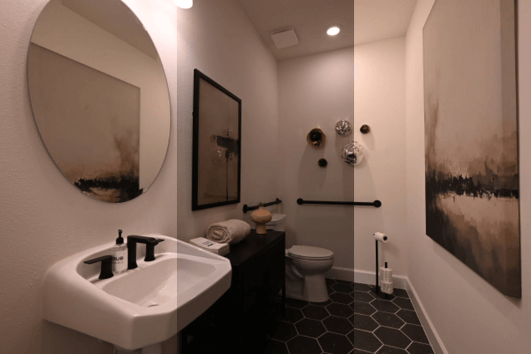 PhotoUp HDR photo editing comparison showing bracketed exposures versus a final edited bathroom interior.
