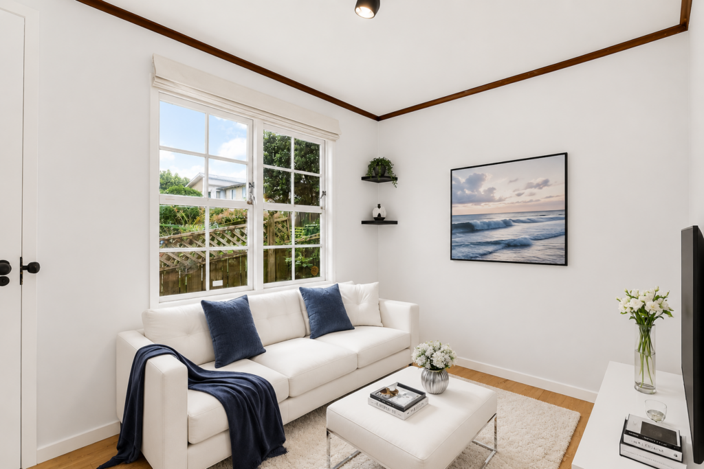 Virtually staged living room with a white sofa and decor.