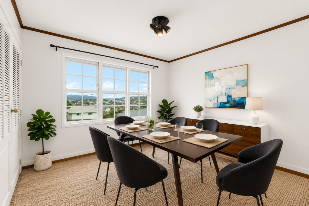 Virtually staged dining room with a table and chairs.