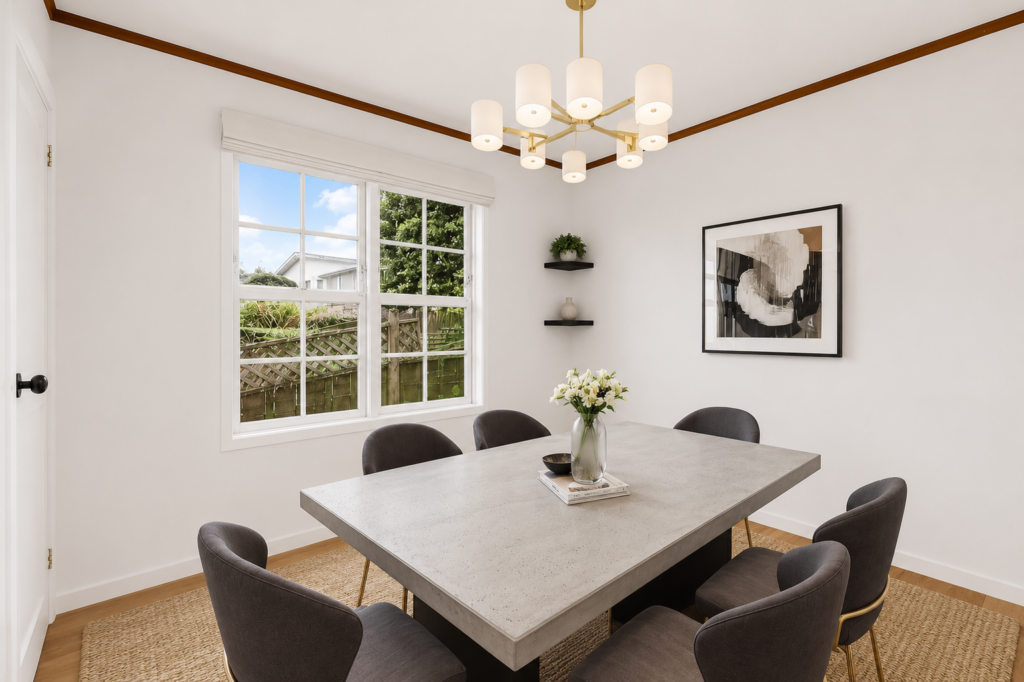 Virtually staged dining room with a modern table and upholstered chairs.