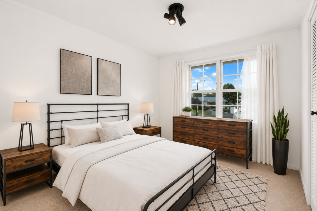 Virtually staged bedroom with industrial-style furniture and neutral decor.