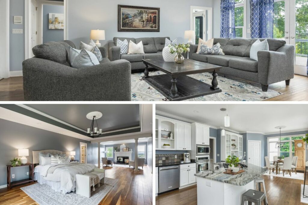 Collage featuring a living room, primary bedroom, and modern kitchen with open dining area.