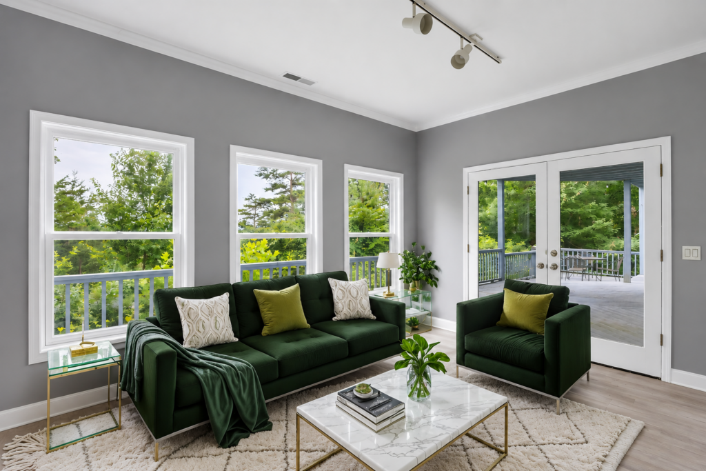 Modern living room virtually staged with green seating and contemporary décor.