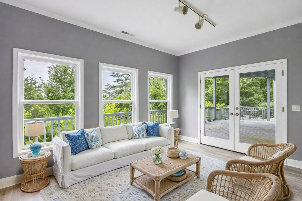 Coastal-style living room virtually staged with bright furniture and natural accents.