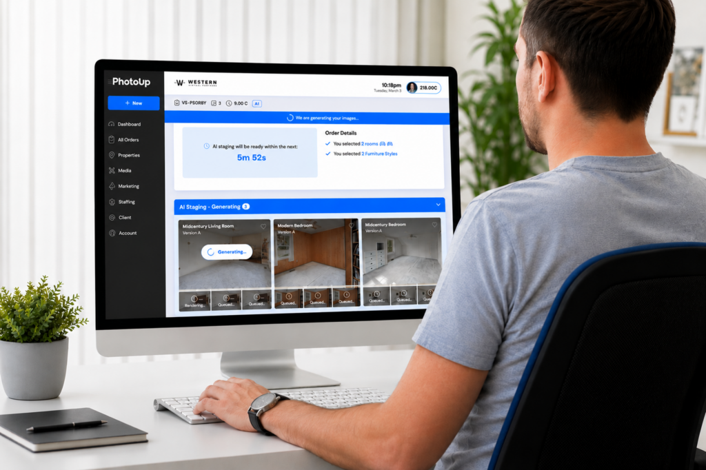 Real estate professional using virtual home staging software on a desktop computer.