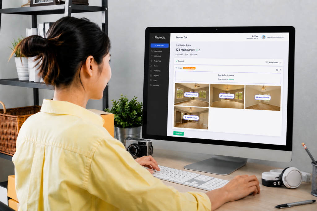 Real estate professional using AI virtual home staging software to stage listing photos.