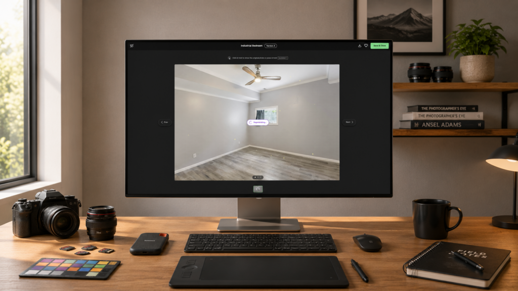Professional workstation displaying virtual home staging software on a desktop monitor.