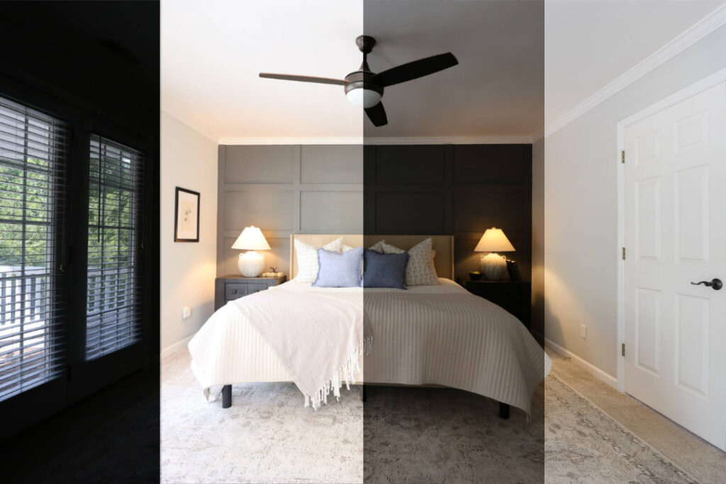 Exposure comparison demonstrating AI photo editing for real estate images.