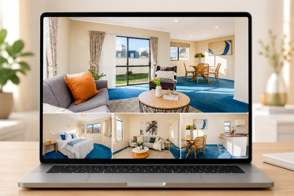 Laptop displaying a real estate property photo gallery.