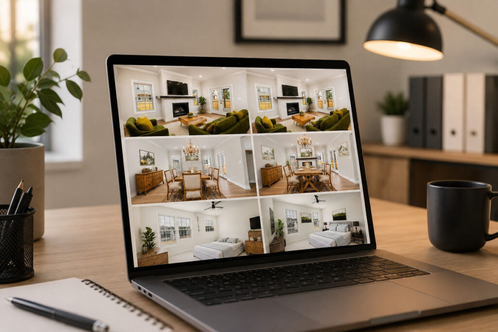 Laptop displaying a gallery of virtually staged real estate photos.