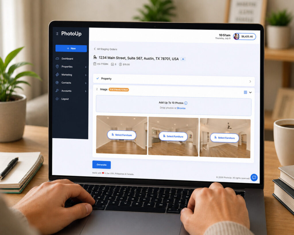 PhotoUp AI virtual staging dashboard for real estate listings.