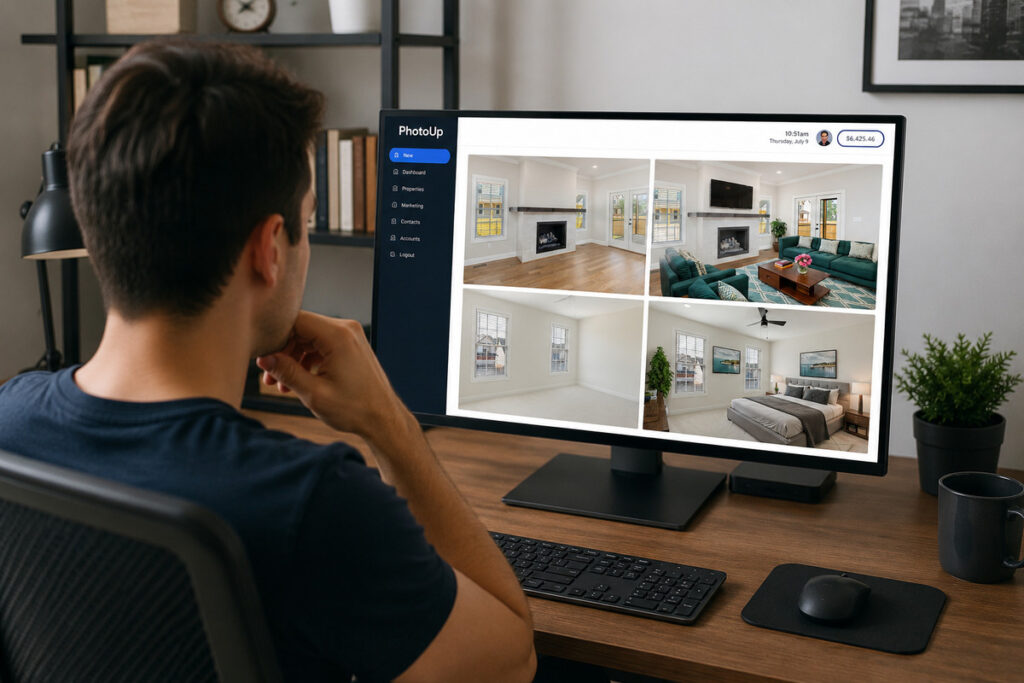 Professional reviewing virtually staged property images on a desktop computer.