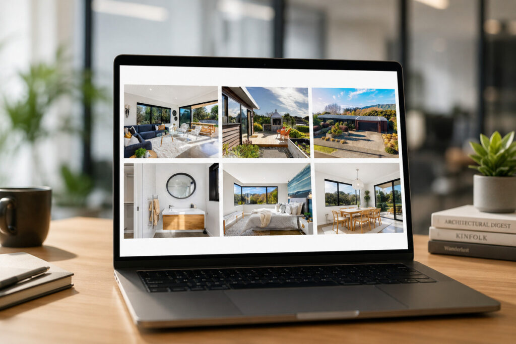 Laptop displaying a real estate photo gallery edited with the best AI for batch photo editing