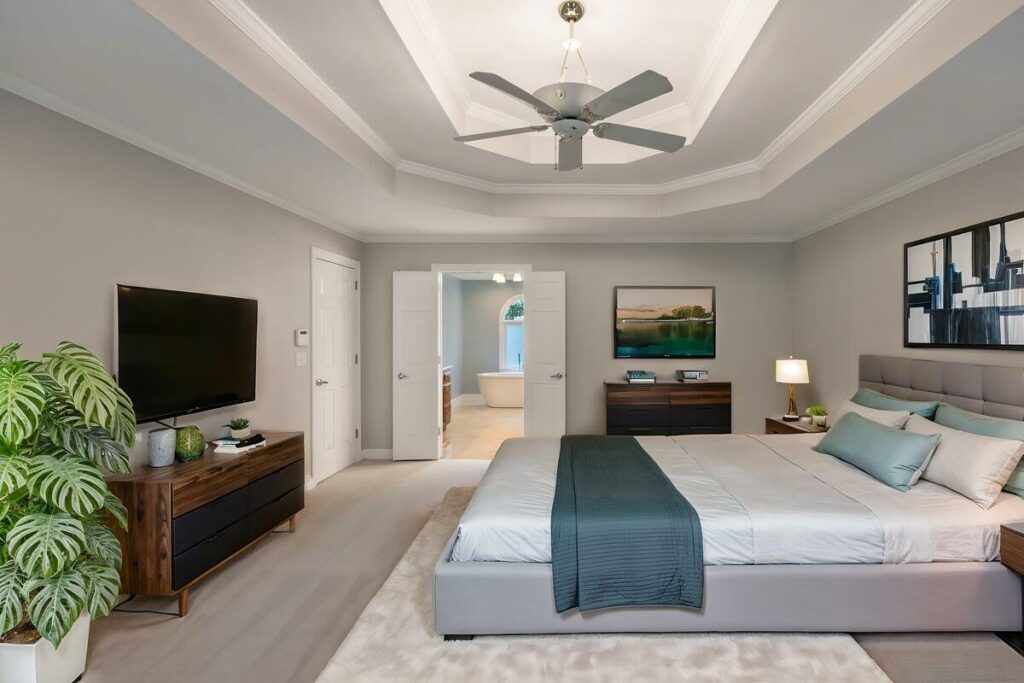 Modern organic AI virtual staged bedroom with neutral furnishings