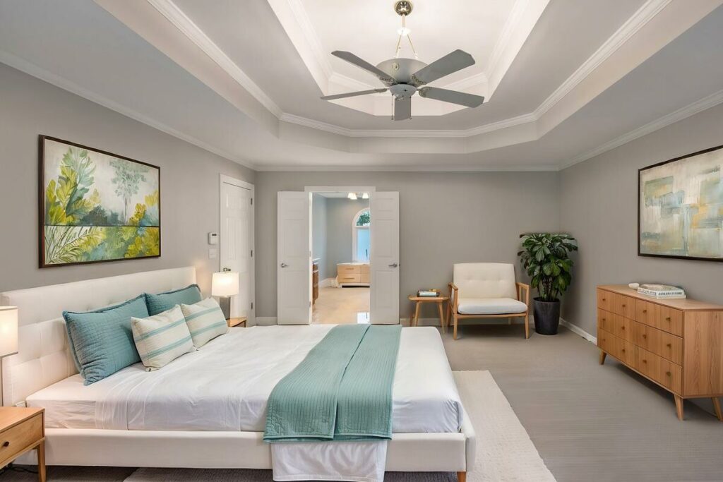 Classic AI virtual staged bedroom with blue accents