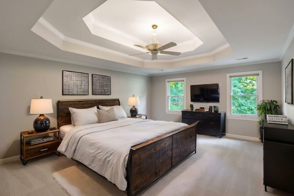 Industrial-style AI virtual staged bedroom