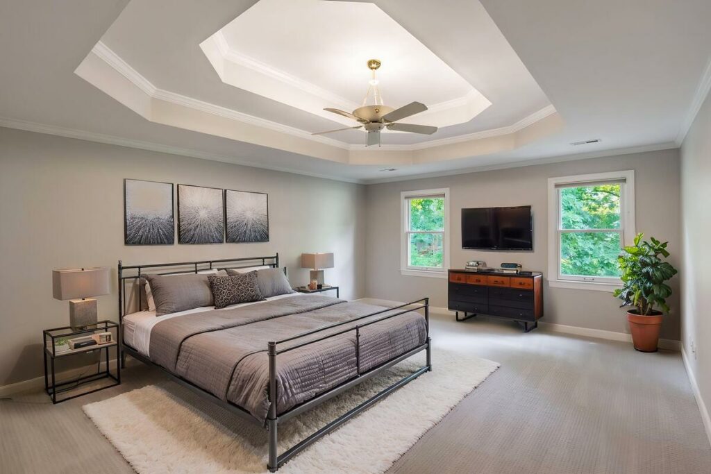 Minimalist AI virtual staged bedroom with metal bed