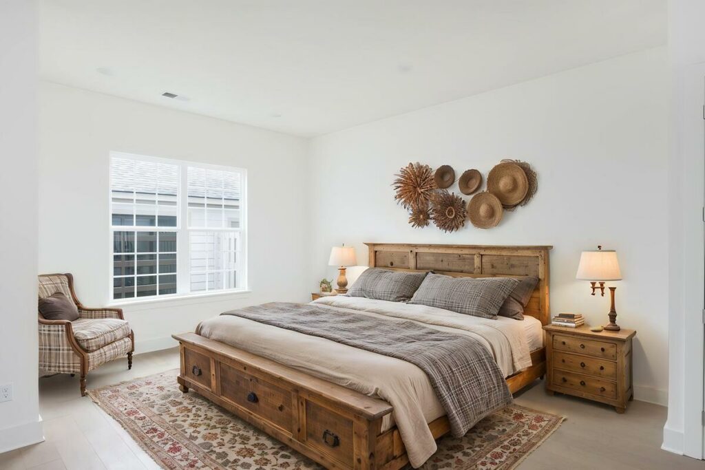 Farmhouse AI virtual staged bedroom with woven wall decor