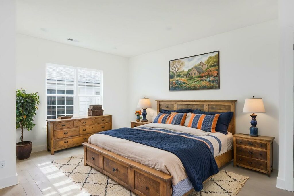 Coastal-inspired AI virtual staged bedroom