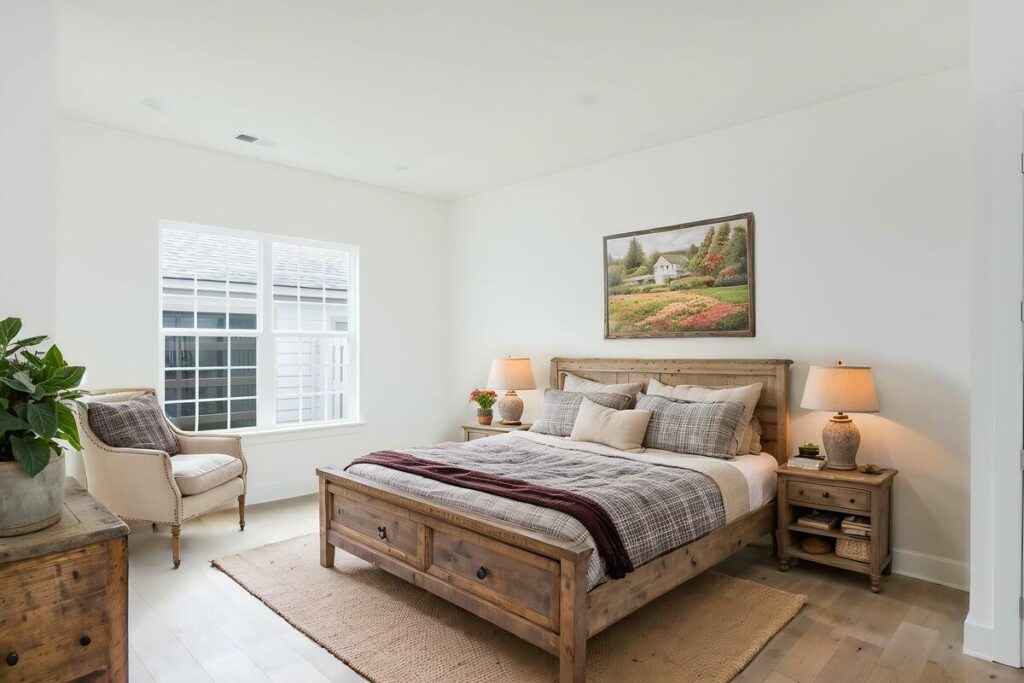 Rustic AI virtual staged bedroom with wood furniture