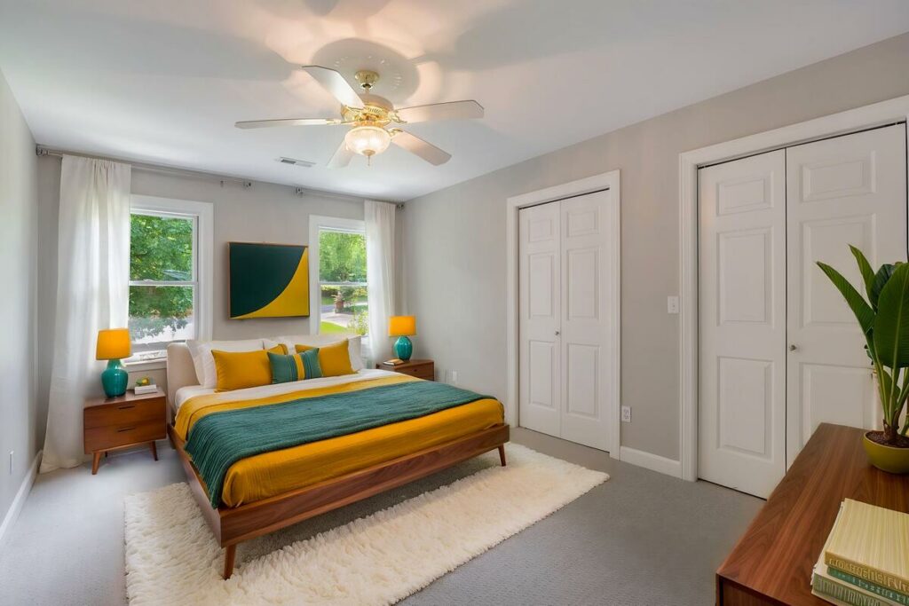 Bold modern AI virtual staged bedroom in teal and mustard