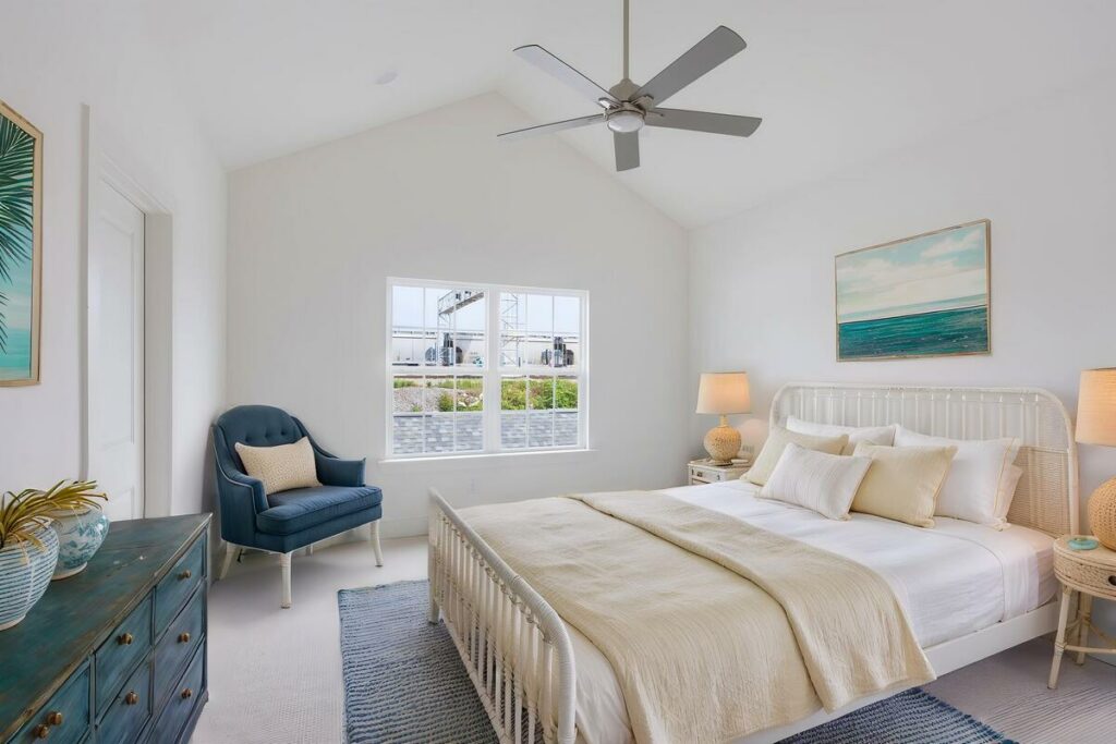 Coastal AI virtual staged bedroom with wicker bed