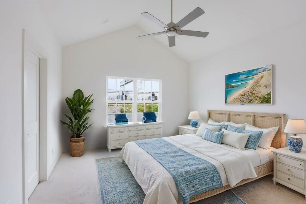Beach house AI virtual staged bedroom in blue tones