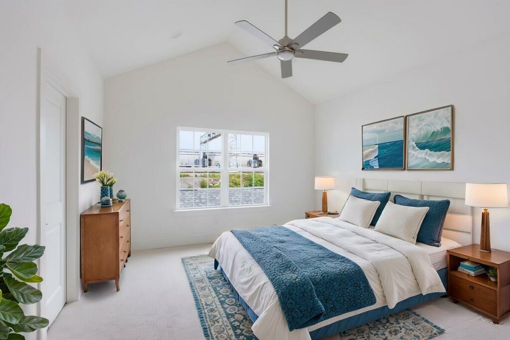 Coastal blue AI virtual staged bedroom with ocean artwork
