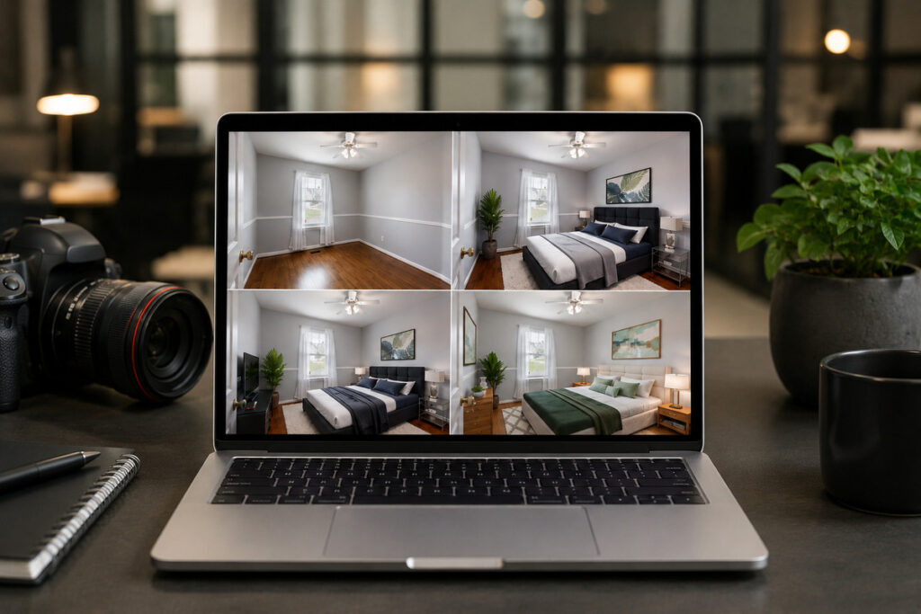 Laptop displaying AI virtual staging bedroom gallery