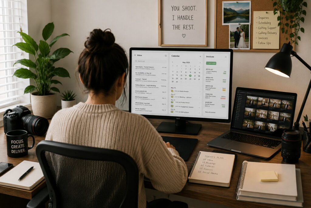 Virtual assistant for photographers at a workstation.