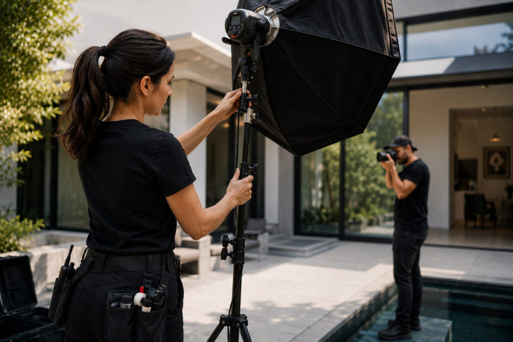 Photographer assistant setting up lighting equipment.