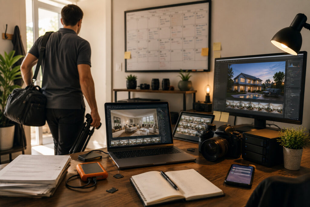 Photographer heading to a real estate shoot while editing tasks continue in a virtual assistant vs employee workflow.
