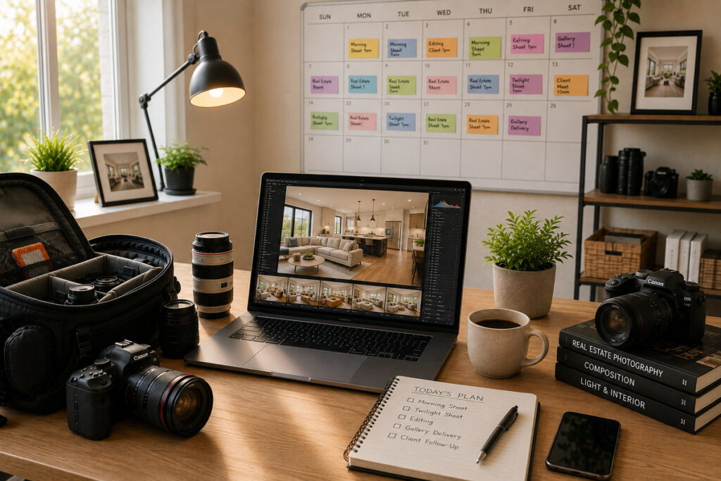 Photography workspace with editing software and a production schedule, highlighting a virtual assistant vs employee workflow.
