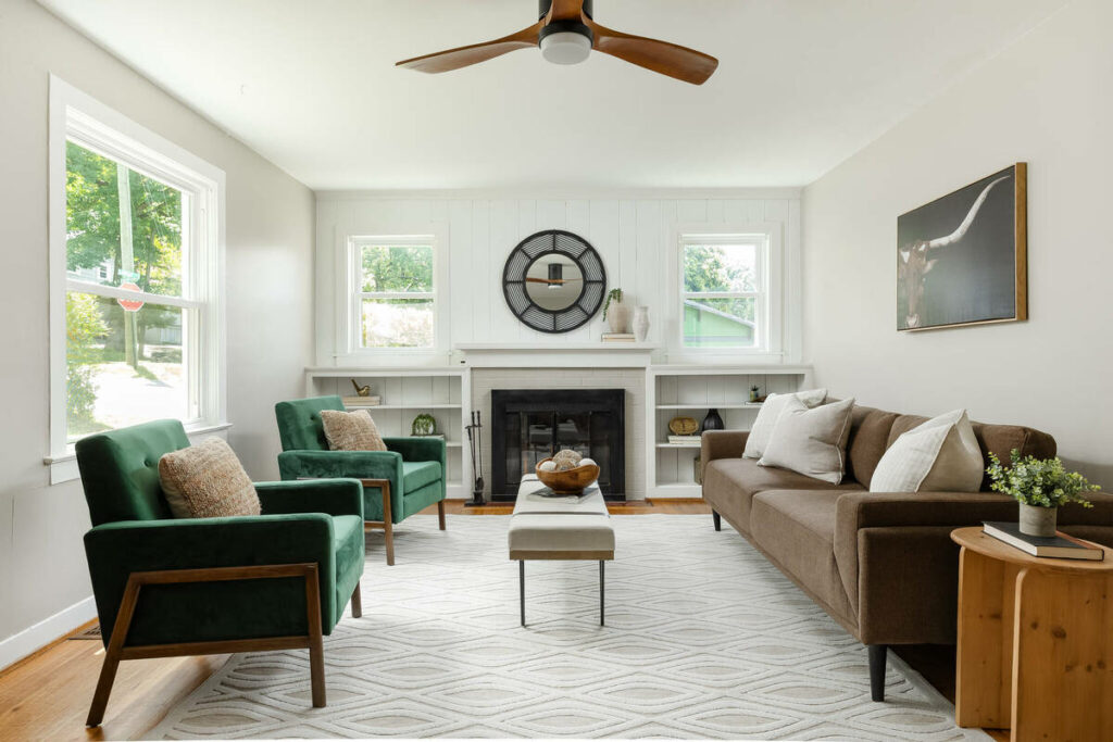 AI real estate photo editing brightening a living room while preserving natural colors and contrast.