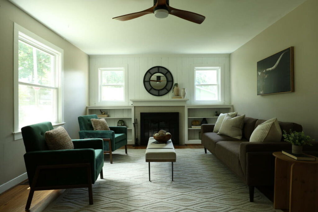 AI real estate photo editing example of a dark living room before exposure correction.