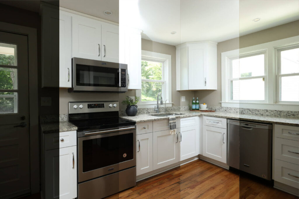 AI real estate photo editing comparison showing a kitchen before and after lighting and exposure enhancement.