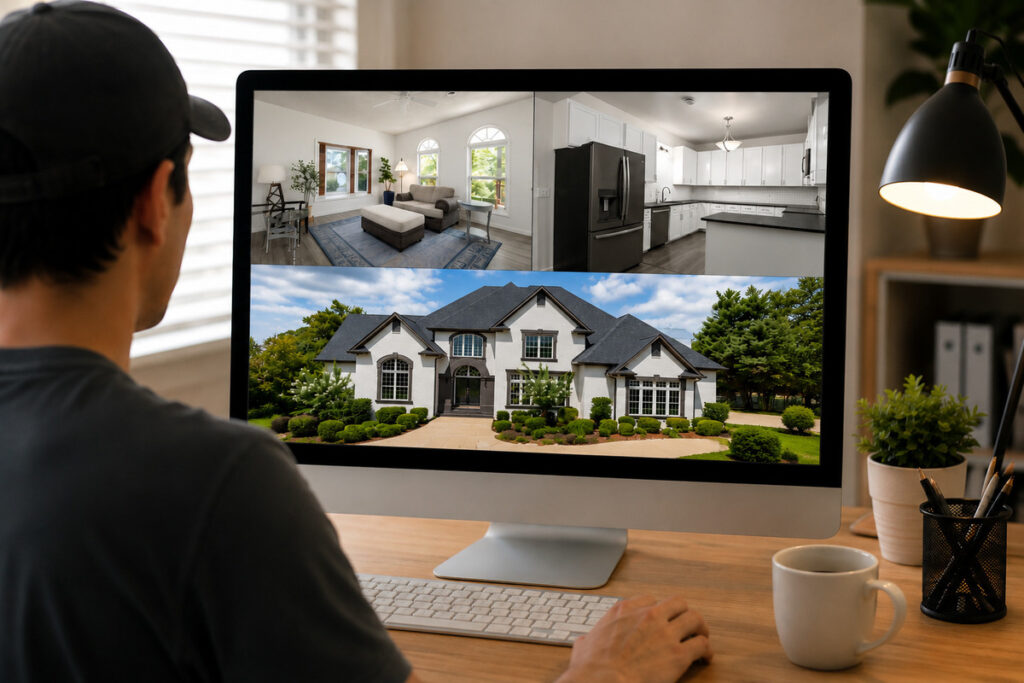 AI real estate photo editing workflow displayed on a desktop computer featuring multiple property images.