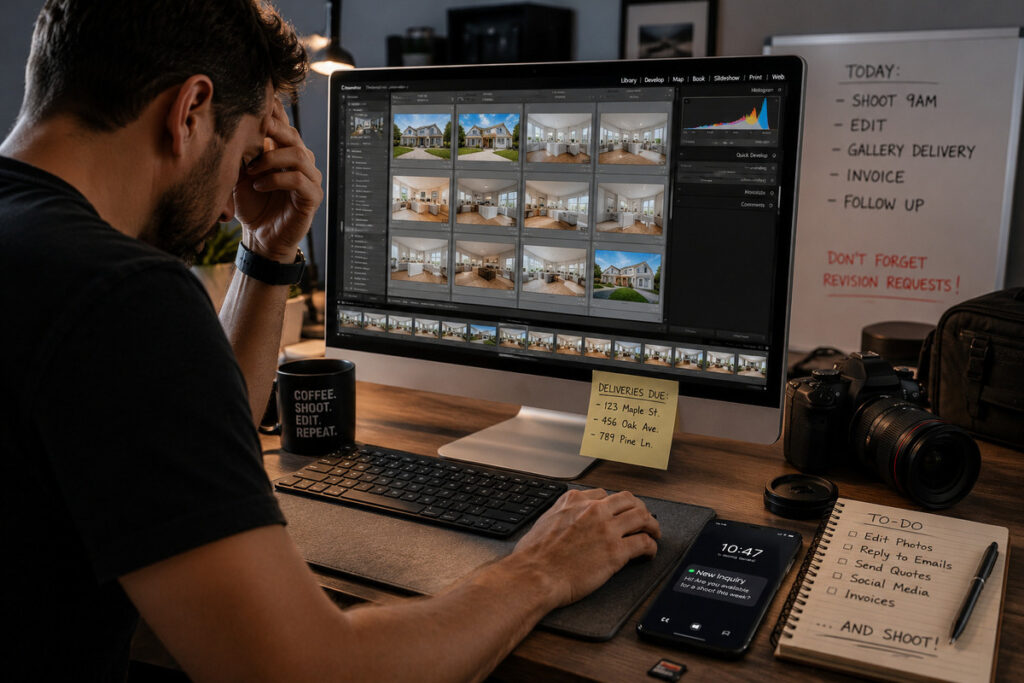 Photographer managing editing tasks before hiring virtual assistant real estate photography support