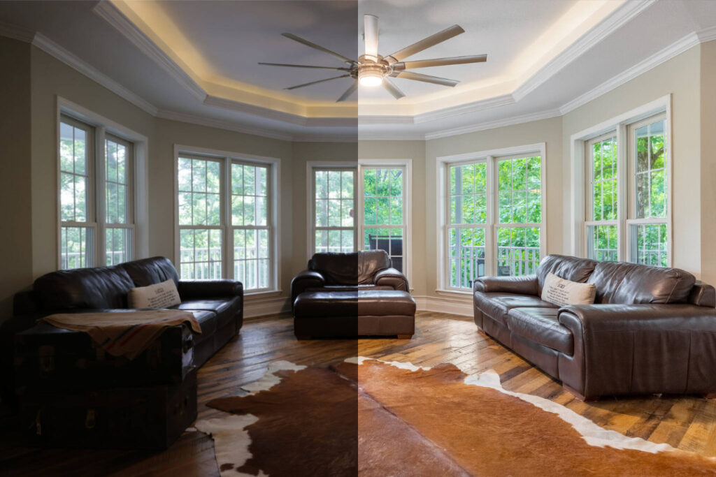 AI photo editing living room comparison