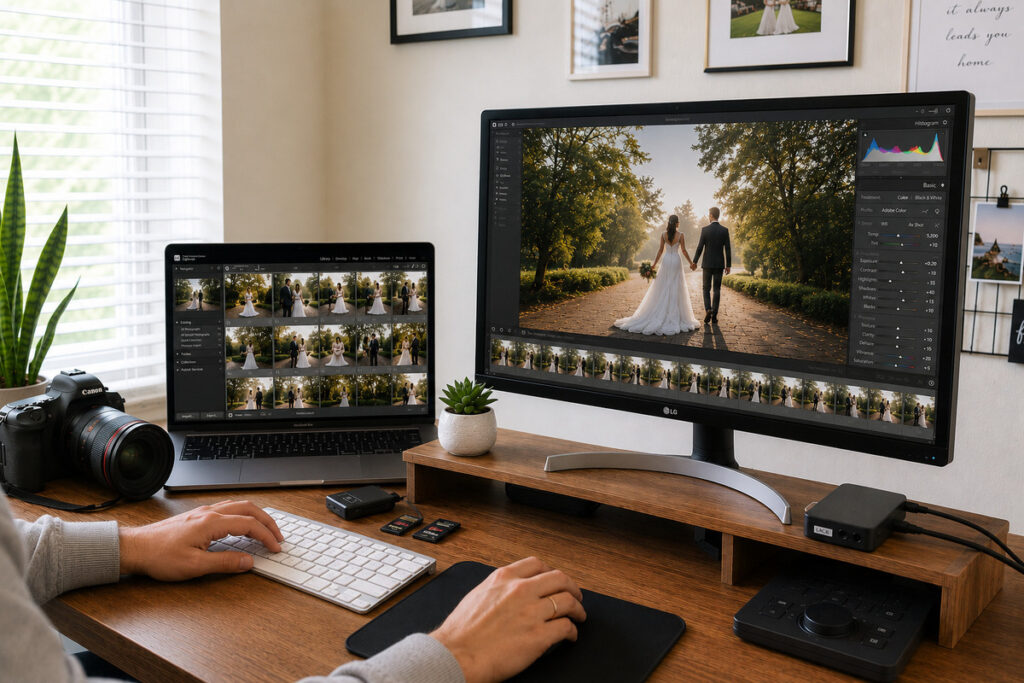 Wedding photo editing workstation with dual-monitor workflow