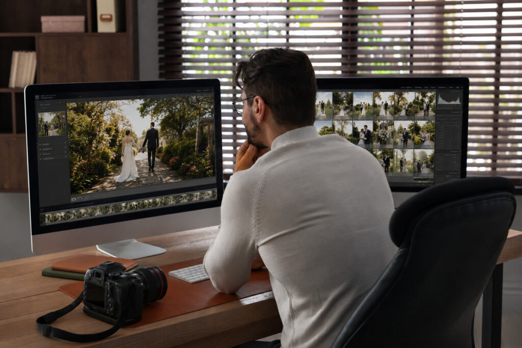 Photographer working on wedding photo editing at a dual-monitor desk