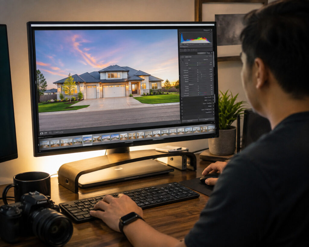 Real estate photo editor reviewing a finished property photo
