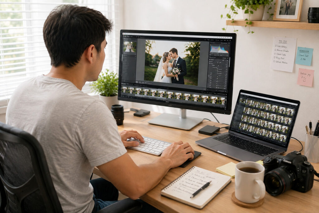 Wedding photographer editing a gallery with professional photo editing support