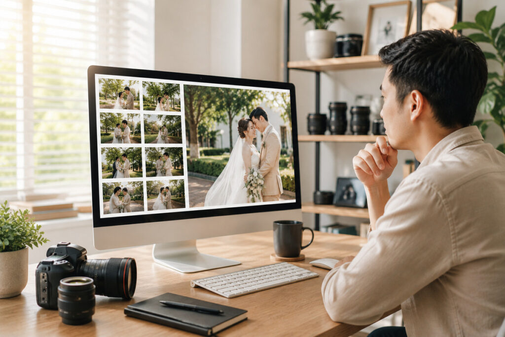 Wedding photographer reviewing a professionally edited wedding gallery