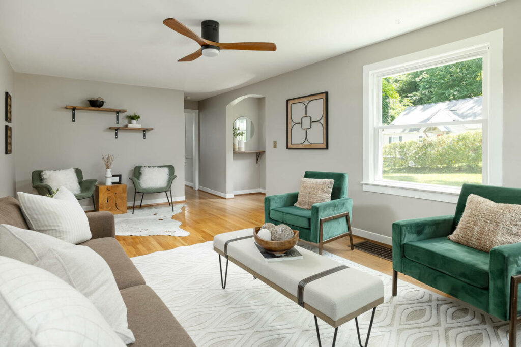 Bright living room enhanced with AI photo editing