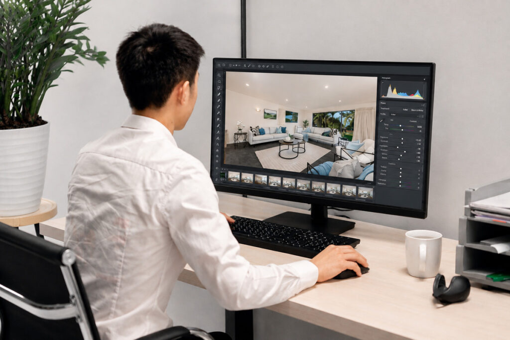 Person editing a real estate living room photo on a computer.