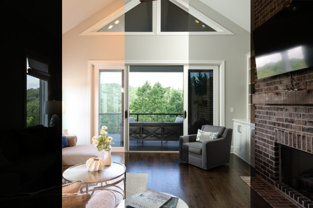 HDR real estate photo editing services blending multiple living room exposures