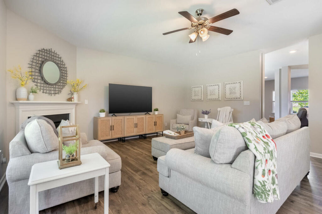 HDR real estate photo editing services for a bright staged living room