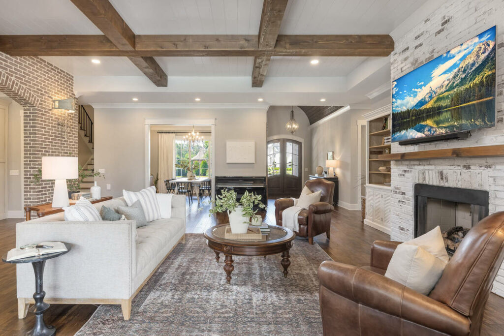 AI real estate photo editing of a living room with balanced lighting